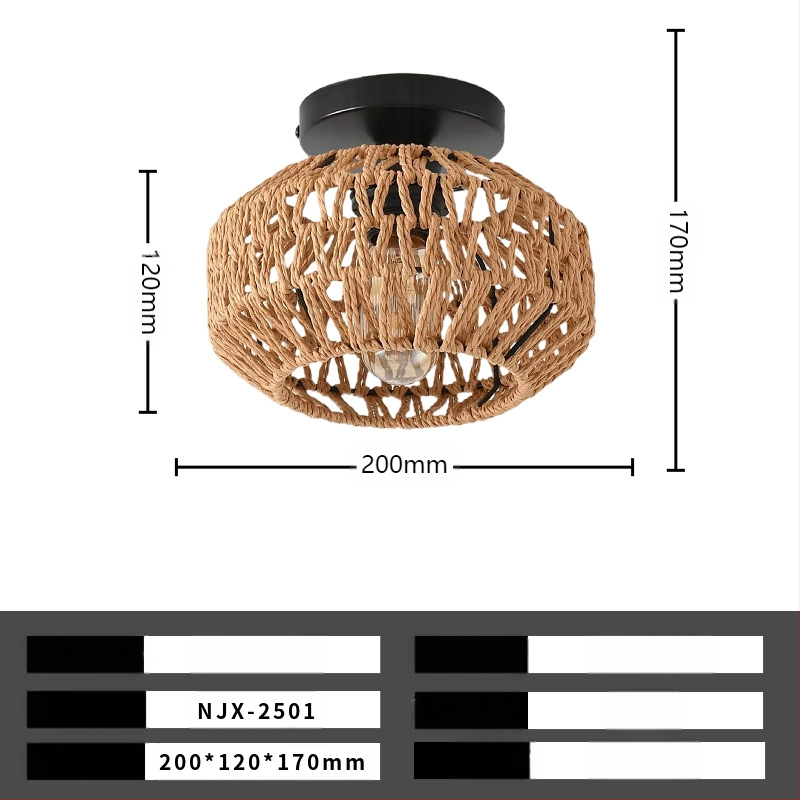 Lampă de plafon boho minimalistă cu abajur din răchită pentru hol și living; LED, tensiune scăzută ≤36V, acoperire 15–30㎡, corp metalic