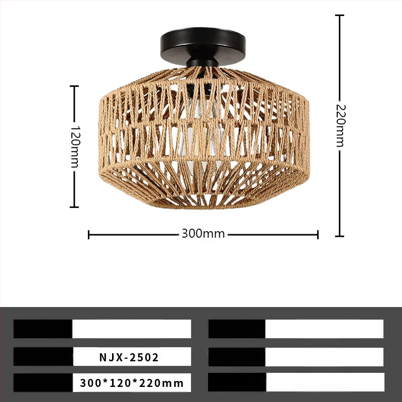 Lampă de plafon boho minimalistă cu abajur din răchită pentru hol și living; LED, tensiune scăzută ≤36V, acoperire 15–30㎡, corp metalic