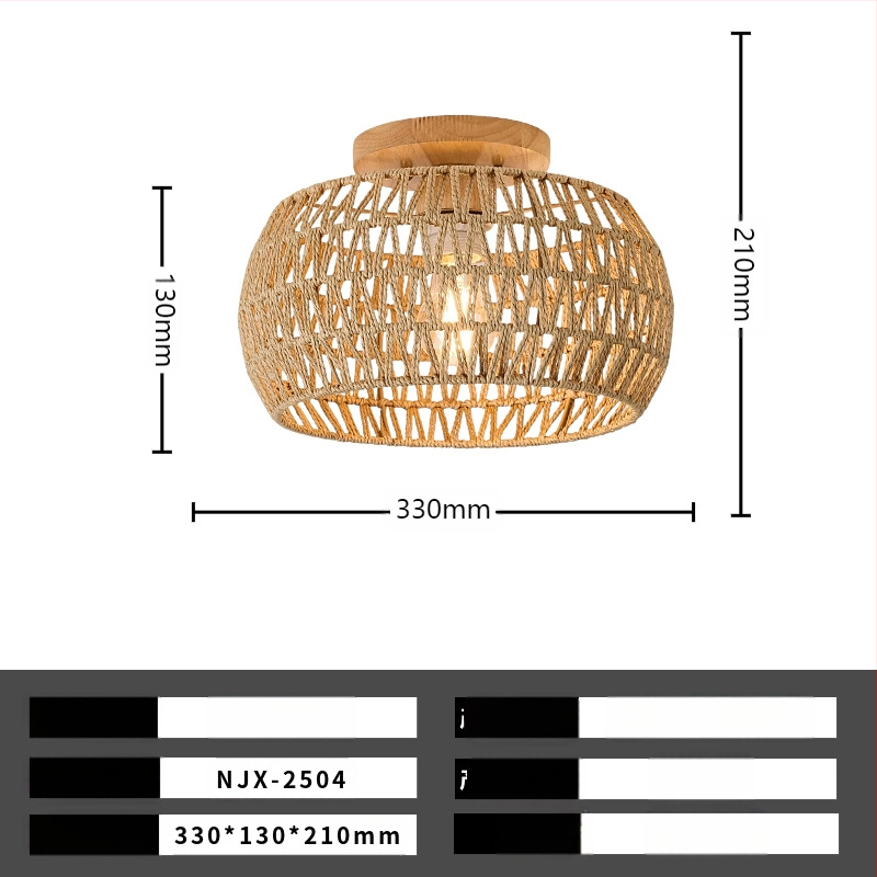 Lampă de plafon boho minimalistă cu abajur din răchită pentru hol și living; LED, tensiune scăzută ≤36V, acoperire 15–30㎡, corp metalic