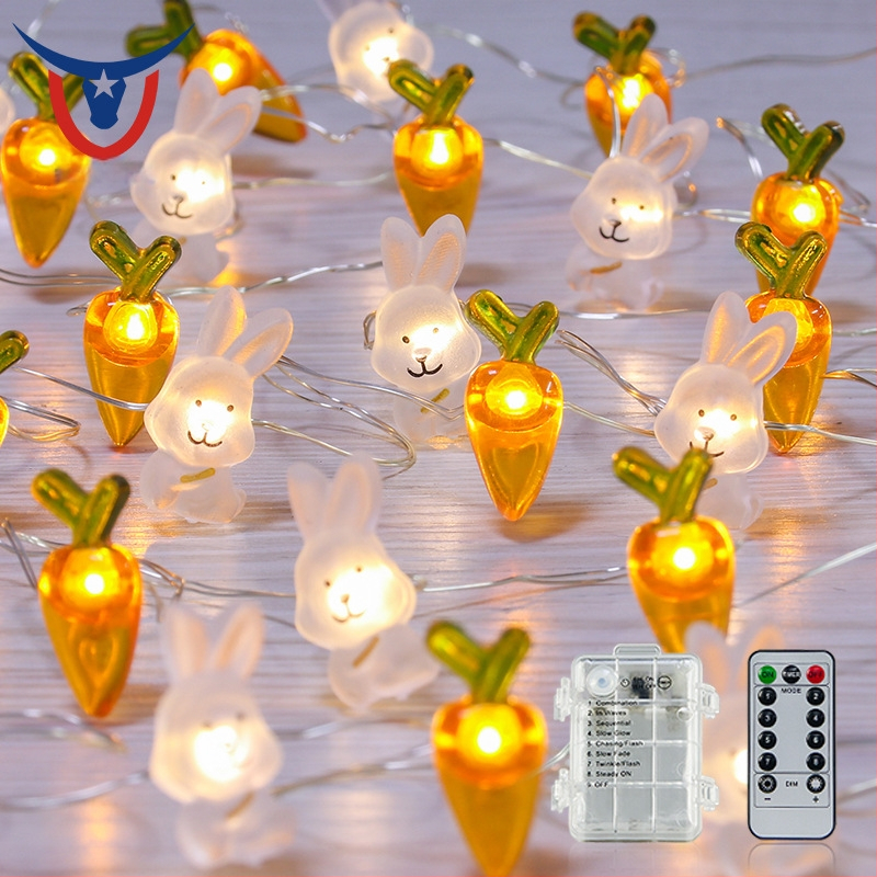 LED-keti jänese ja porgandi kujundustega Lihavõtted, 40 LED, IP44, 8 funktsiooniga kaugjuhtimispult, baterii kast, heleduse reguleerimine