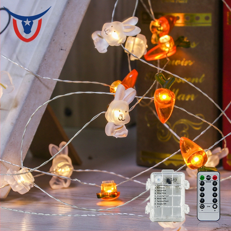 LED-keti jänese ja porgandi kujundustega Lihavõtted, 40 LED, IP44, 8 funktsiooniga kaugjuhtimispult, baterii kast, heleduse reguleerimine