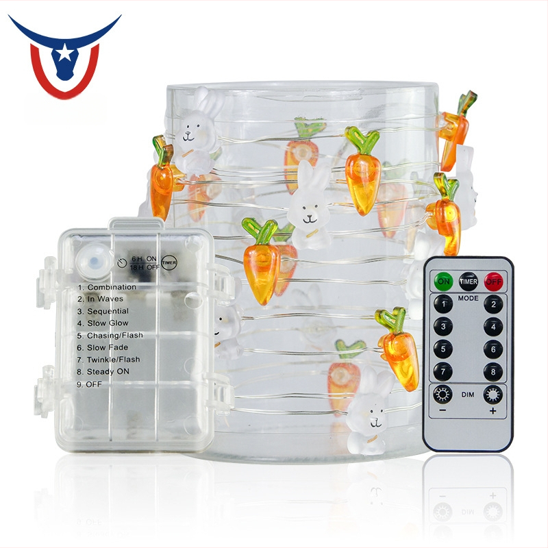 LED-keti jänese ja porgandi kujundustega Lihavõtted, 40 LED, IP44, 8 funktsiooniga kaugjuhtimispult, baterii kast, heleduse reguleerimine