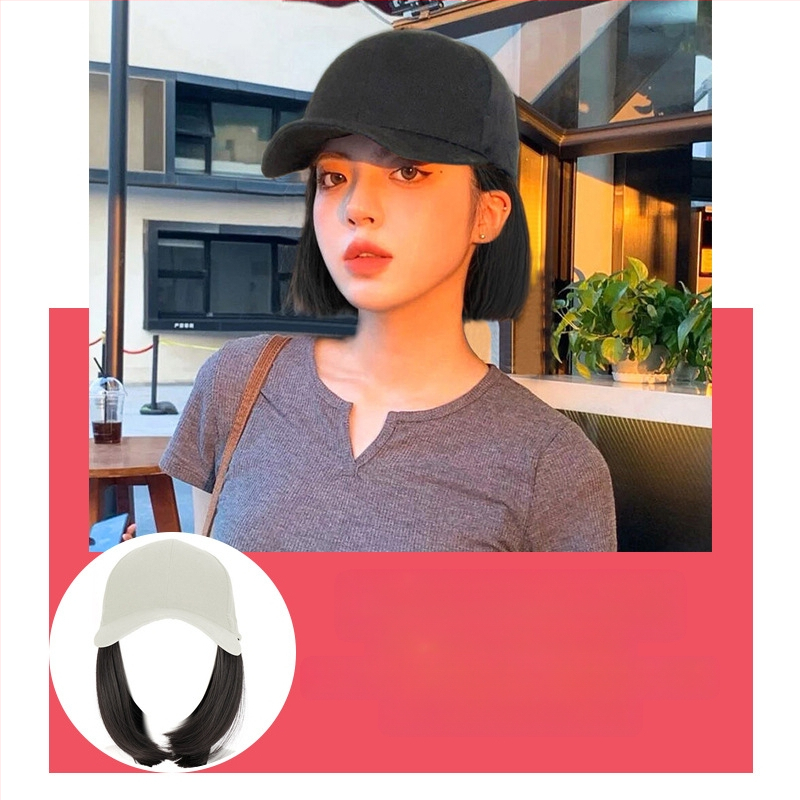 Perucă cu șapcă, tunsoare bob, fibre rezistente la căldură, lungime medie spre lungă, stil koreean