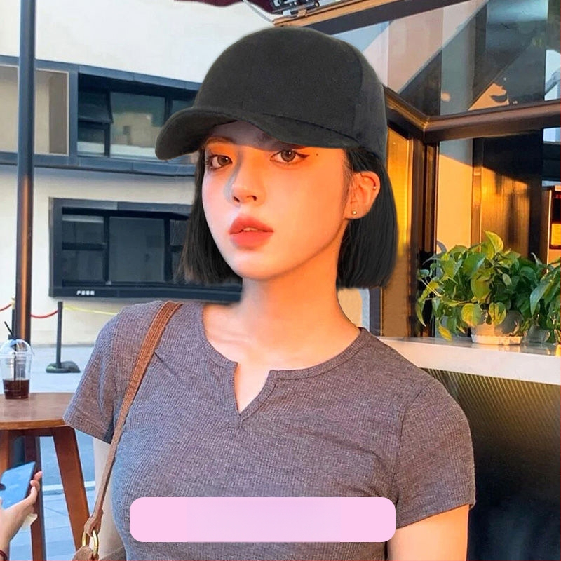 Perucă cu șapcă, tunsoare bob, fibre rezistente la căldură, lungime medie spre lungă, stil koreean