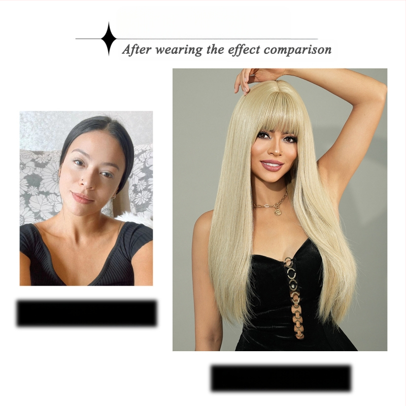 Perucă lungă dreaptă cu breton, fibre sintetice rezistente la temperaturi, aspect natural și respirabil