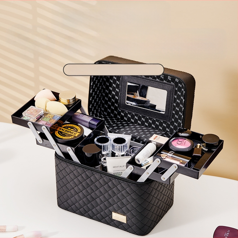 Cutie de machiaj cu capacitate mare, patru compartimente, PVC impermeabil, roți universale, închidere cu fermoar