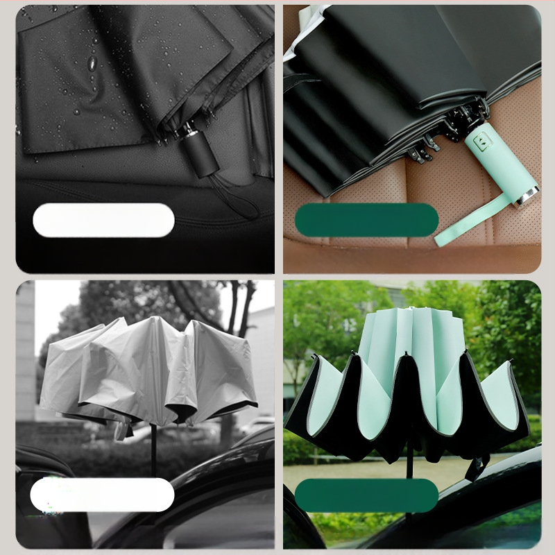 Automatinis atvirkštinis skėtis saulei ir lietui, UV apsauga UPF50+, lydinio rėmas su 10 stiebų, 210T poliesterio audinys, automatinis atidarymas uždarymas, logotipo spauda