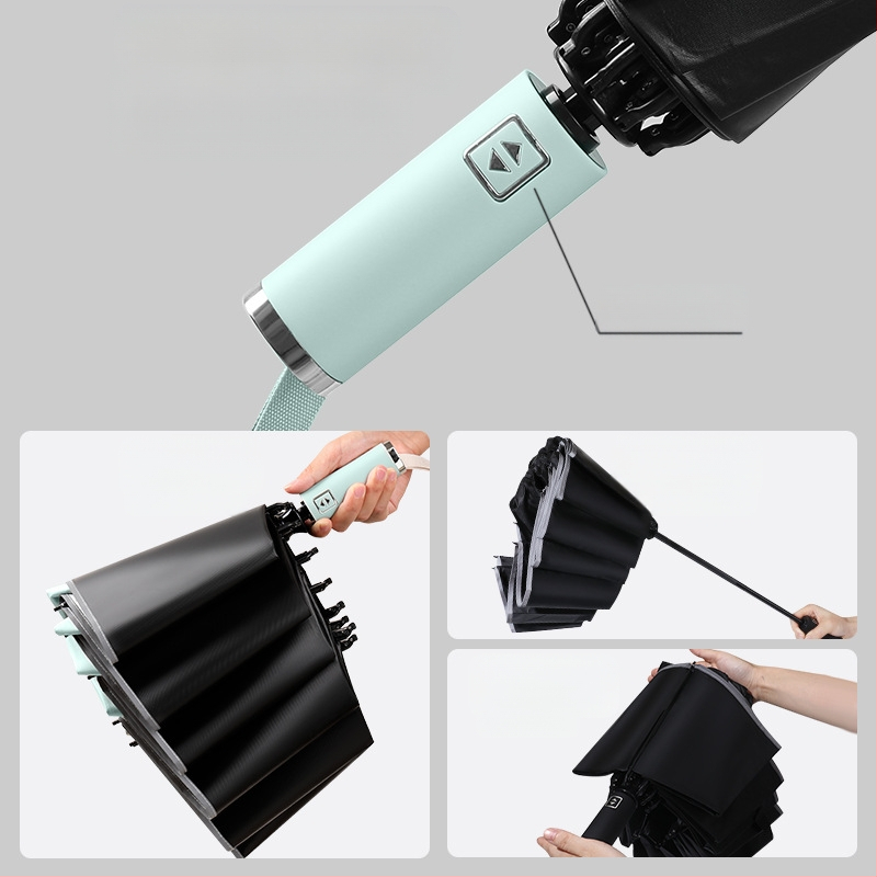 Automatinis atvirkštinis skėtis saulei ir lietui, UV apsauga UPF50+, lydinio rėmas su 10 stiebų, 210T poliesterio audinys, automatinis atidarymas uždarymas, logotipo spauda