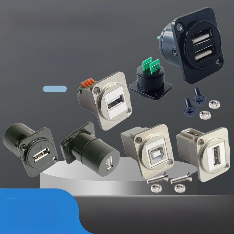 D-típusú USB 2.0 modul adatátviteli hajlított csatlakozó, csavaros rögzítés és dupla lyukú aljzat