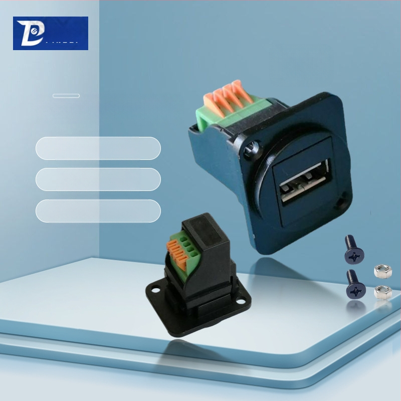 D-típusú USB 2.0 modul adatátviteli hajlított csatlakozó, csavaros rögzítés és dupla lyukú aljzat