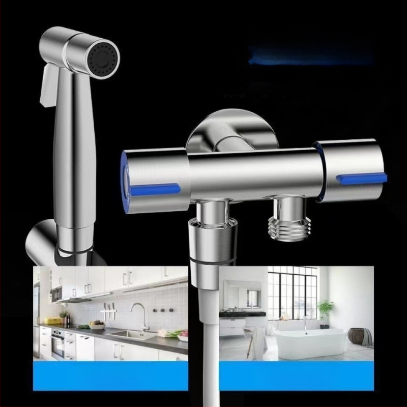 Комплект биде за тоалет от 304 неръждаема стомана, без пробиване, под налягане, стенна инсталация, 1 вход 2 изход, ъглов кран — модел Stainless Steel Toilet Mate