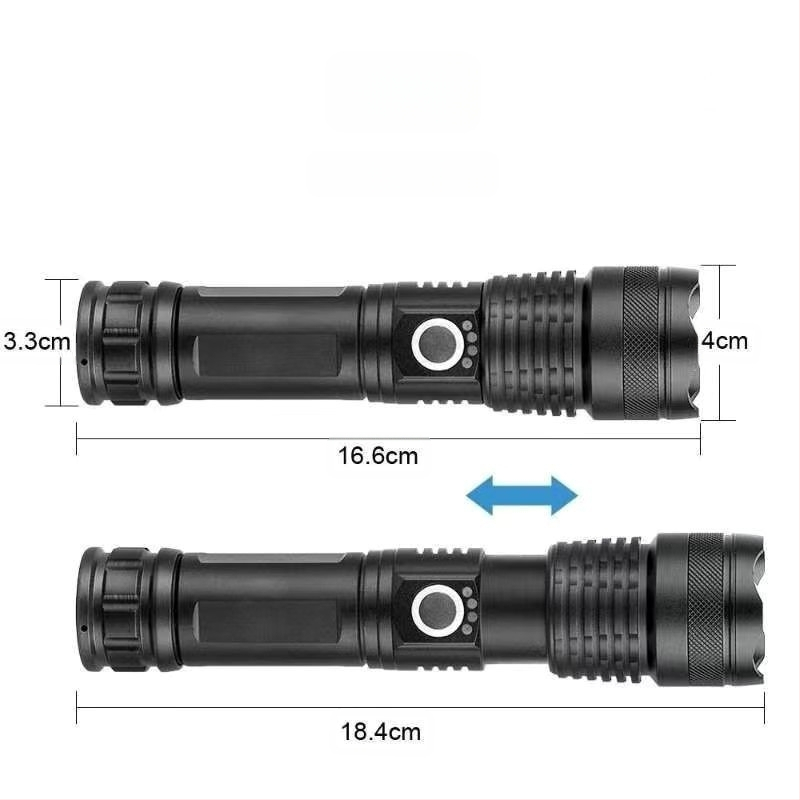 Фенер с телескопично увеличение, алуминиев корпус, USB презареждане, LED 10W, обхват 200–500 м за къмпинг и на открито