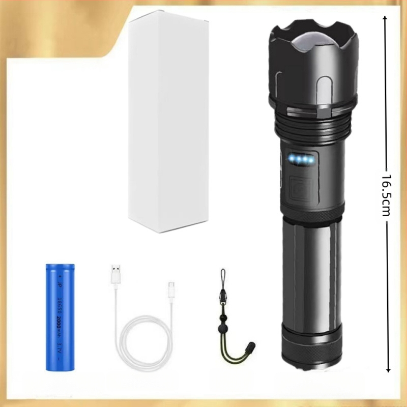 Фенер с телескопично увеличение, алуминиев корпус, USB презареждане, LED 10W, обхват 200–500 м за къмпинг и на открито