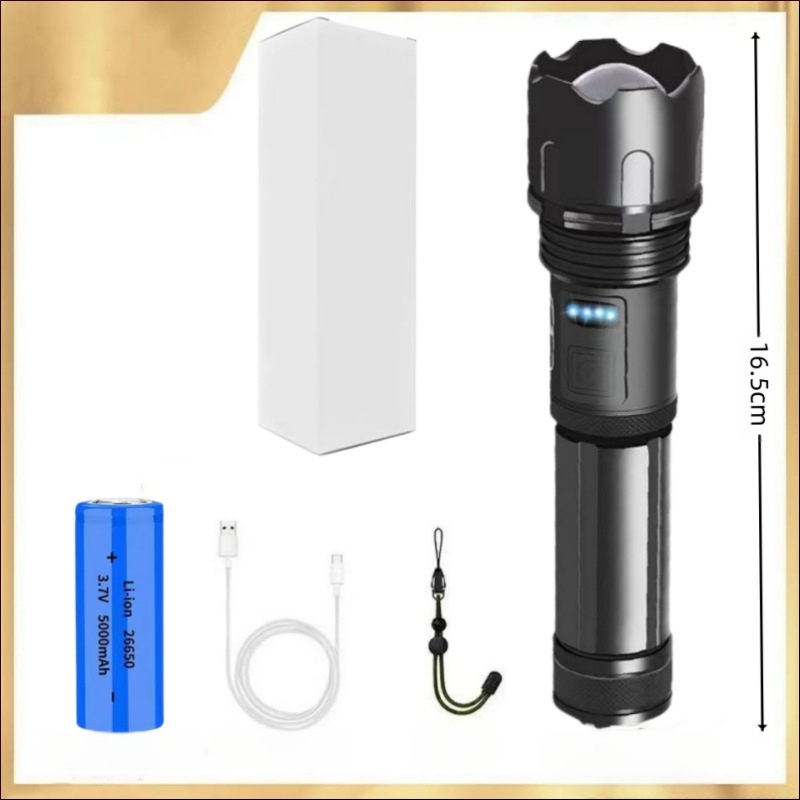 Фенер с телескопично увеличение, алуминиев корпус, USB презареждане, LED 10W, обхват 200–500 м за къмпинг и на открито