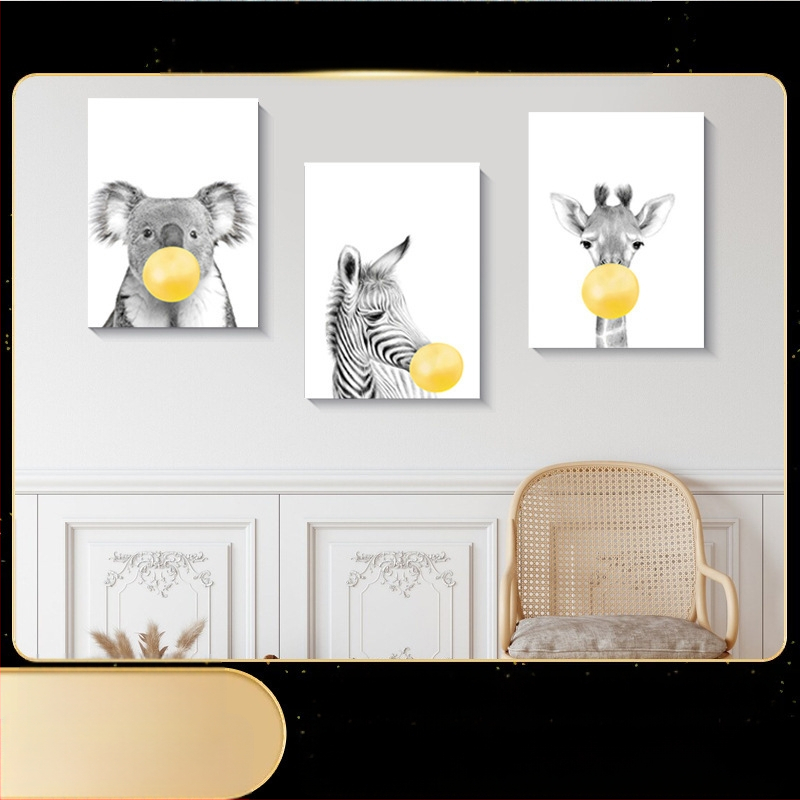 Pictură pe pânză în stil nordic — Motiv drăguț cu animale de desene animate, fără ramă, panou unic, material pânză, potrivit pentru living și camera copiilor