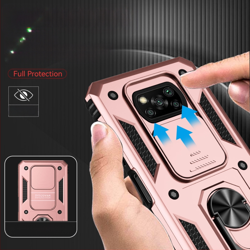 POCO X3 viedtālruņa vāciņš – Divi vienā, Originālais dizains; Materiāls: TPU+PC; Proces: Injekcijas formēšana; Funkcijas: Statīvs/Turētājs, Magnētiskais pievilkums, Kritienu aizsardzība; Saderīgs ar POCO X3