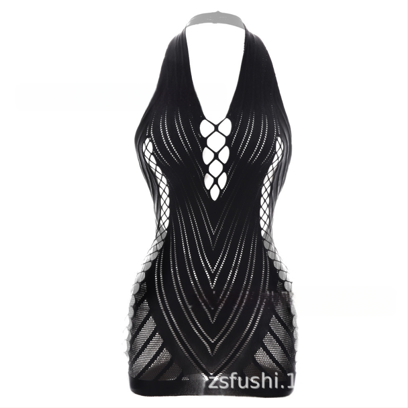 Lingerie sexy cu halterneck și jacquard, decolteu off-shoulder și spate din plasă, pentru femei, model W239