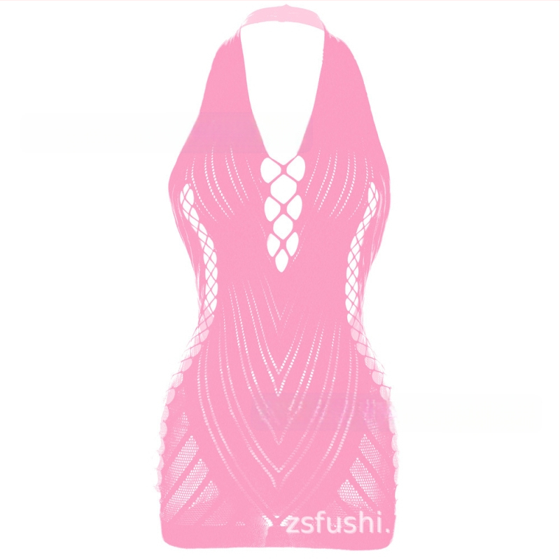 Lingerie sexy cu halterneck și jacquard, decolteu off-shoulder și spate din plasă, pentru femei, model W239