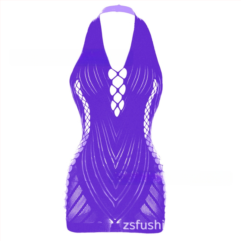 Lingerie sexy cu halterneck și jacquard, decolteu off-shoulder și spate din plasă, pentru femei, model W239