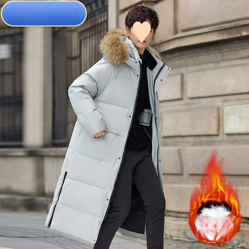 Удължено мъжко пухено яке с гъши пух, пухкавост 900, съдържание на кашмир 30–35%, полиестерна материя, подходящо за умерено студено (-5°C до 0°C)