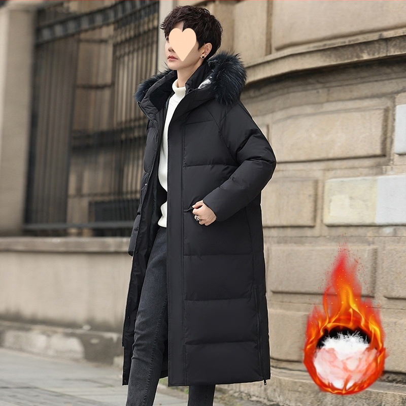 Удължено мъжко пухено яке с гъши пух, пухкавост 900, съдържание на кашмир 30–35%, полиестерна материя, подходящо за умерено студено (-5°C до 0°C)