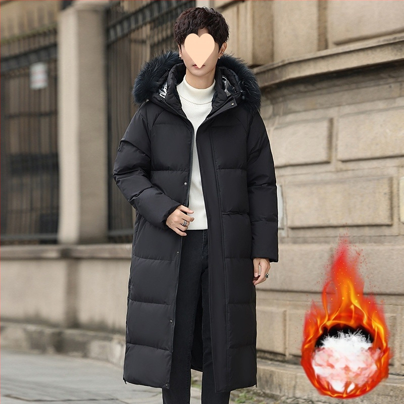 Удължено мъжко пухено яке с гъши пух, пухкавост 900, съдържание на кашмир 30–35%, полиестерна материя, подходящо за умерено студено (-5°C до 0°C)