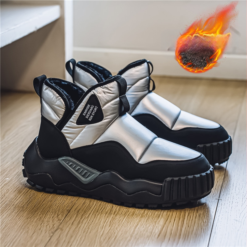 Мъжки снежни ботуши с висока горна част и дебела подметка, антихлъзгаща гума, подплатени с изкуствен пух, корейски стил, инжекционно формована подметка