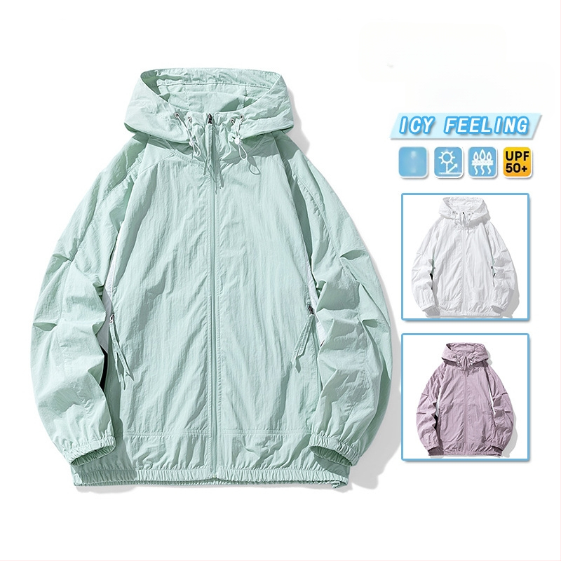 Unisex nailoniniai vasaros paltai su gobtuvu – laisvas kirpimo, UPF50+ saulės apsauga, priekinis užtrauktukas ir kišenės su užtrauktukais