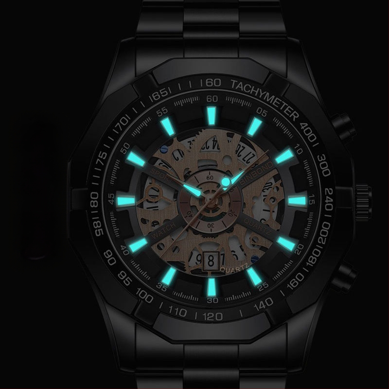 Férfi kvaros karóra átlátszó hátlappal, világító számlap, naptár, 30M vízállóság