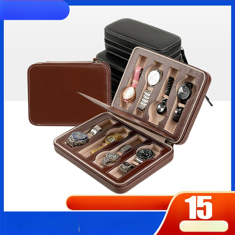 Odinė laikrodžių dėžutė su aštuoniais užtrauktukais, užtrauktukų dangtelis, dovanų įpakavimas, vidinis pamušalas