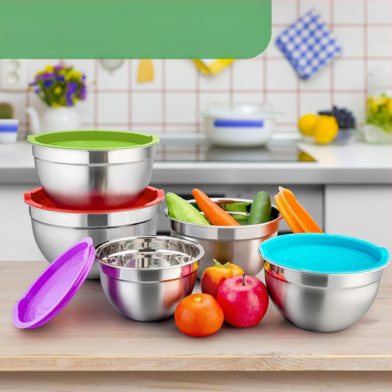 Σετ μπολ ανάμειξης από ανοξείδωτο ατσάλι με καπάκια, μοντέρνο μινιμαλιστικό στυλ, κατάλληλο για σαλάτες, χτύπημα αυγών και προετοιμασία για το ψήσιμο
