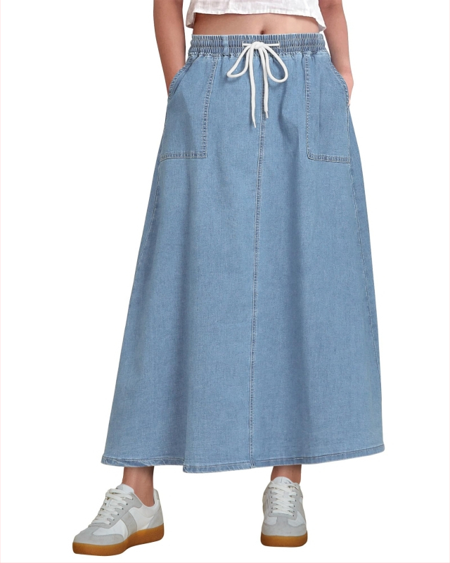 Φούστα από ντένιμ σε γραμμή Α, midi μήκος, ψηλή μέση, ζώνη και τσέπες; ύφασμα από βαμβάκι-πολυεστέρα