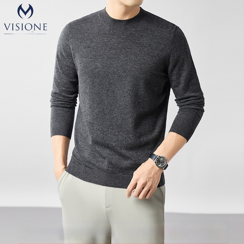 Ανδρικός πουλόβερ από 100% worsted μαλλί, στρογγυλός λαιμός, μακριά μανίκια, εφαρμοστός τύπος, μεσαίο μήκος 65-80 cm
