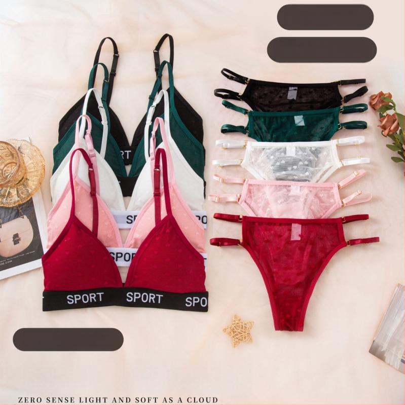 Mežģīņu bezvadu krūšturis komplekts ar trijstūra kausiem, push-up un savilkšanas efekts, elpojošas biksītes ar kokvilnas oderi