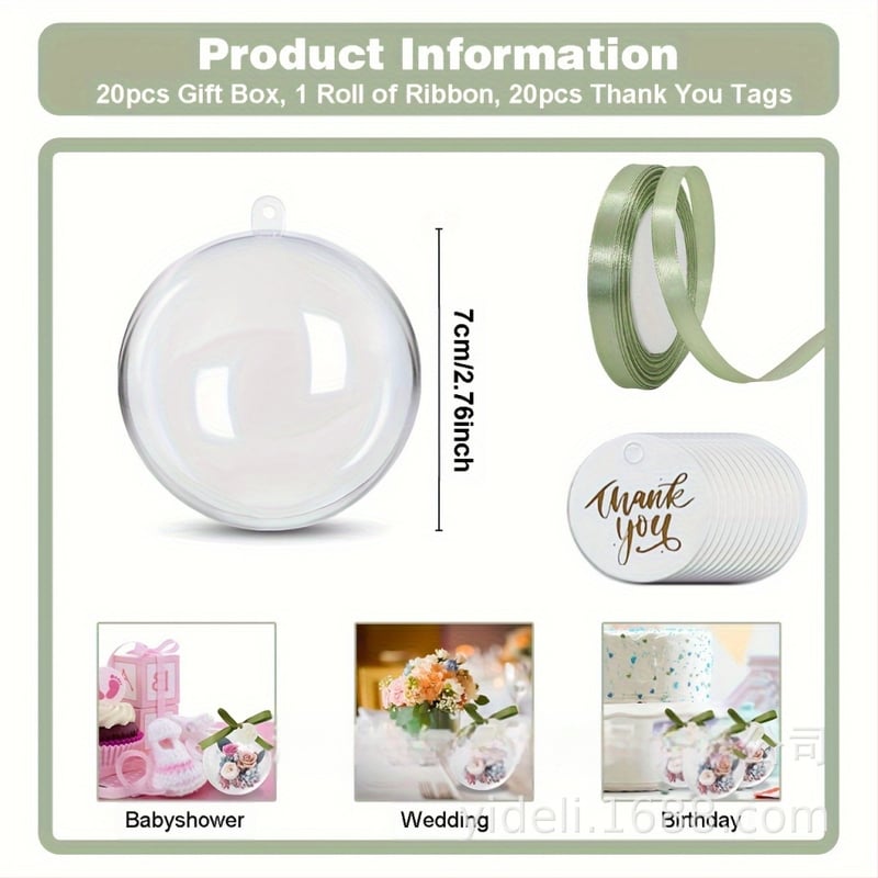 Kerek áttetsző műanyag ajándékdoboz köszönő címkékkel és szalagokkal