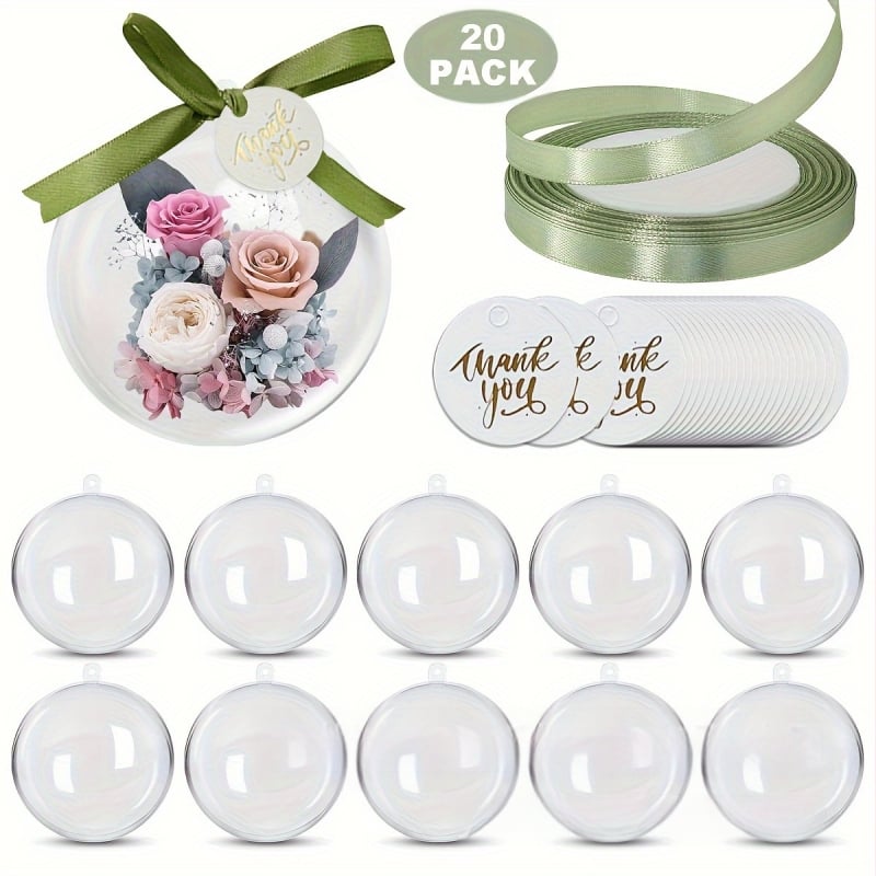 Kerek áttetsző műanyag ajándékdoboz köszönő címkékkel és szalagokkal