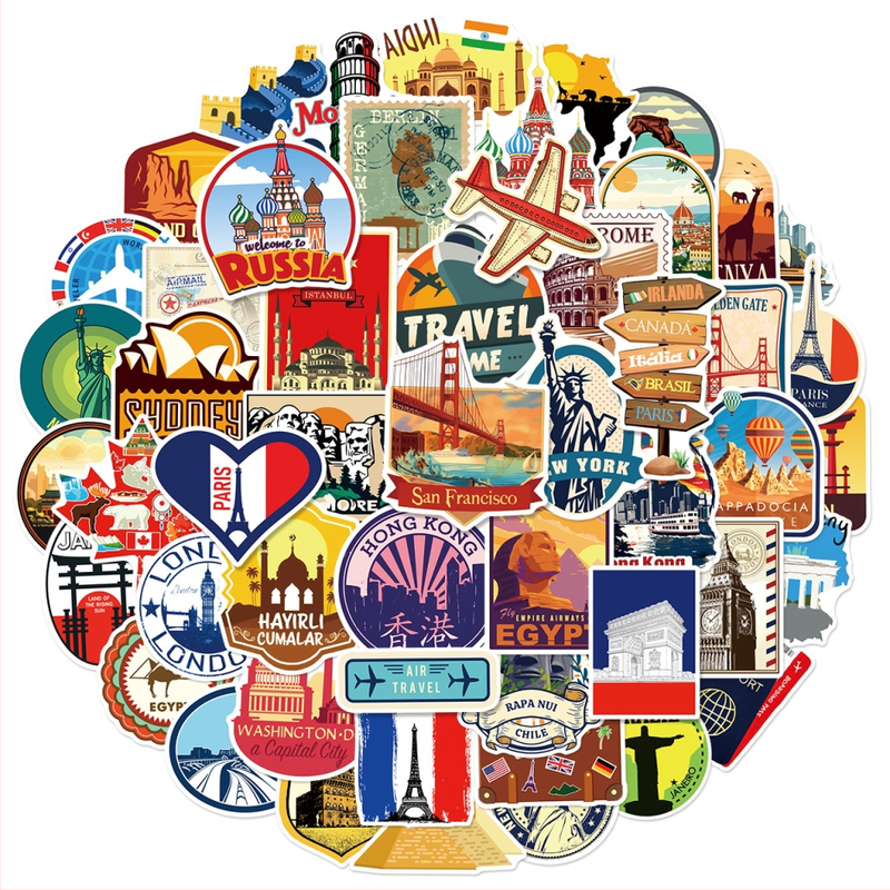 50 φύλλα αυτοκόλλητων για παγκόσμια ταξίδια – αδιάβροχα PVC αυτοκόλλητα για βαλίτσα, αυτοκίνητο, τετράδιο, skateboard και κινητό • μοντέρνο μινιμαλιστικό στυλ, εκτυπωμένα αυτοκόλλητα