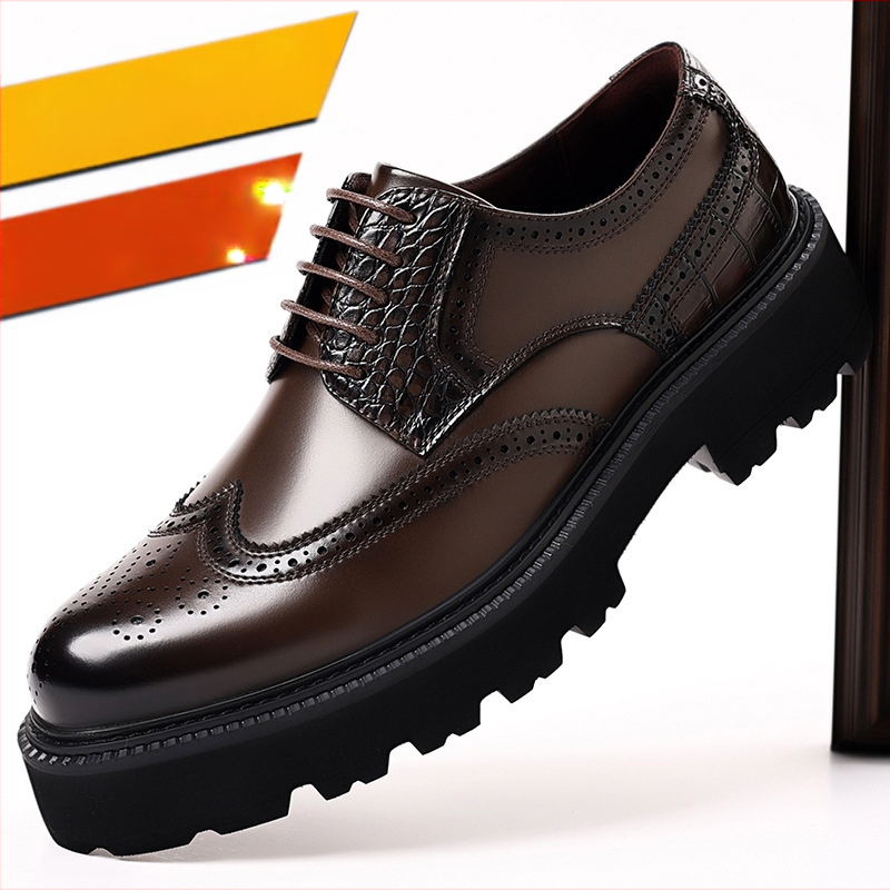 Ανδρικά Δερμάτινα Παπούτσια Brogue με Σκαλιστό Σχέδιο, Αιχμηρός Δάκτυλος, Σόλα EVA, Μπροστινό Δέσιμο με Κορδόνια, Μέσο Ύψος Τακουνιού 3-5 cm