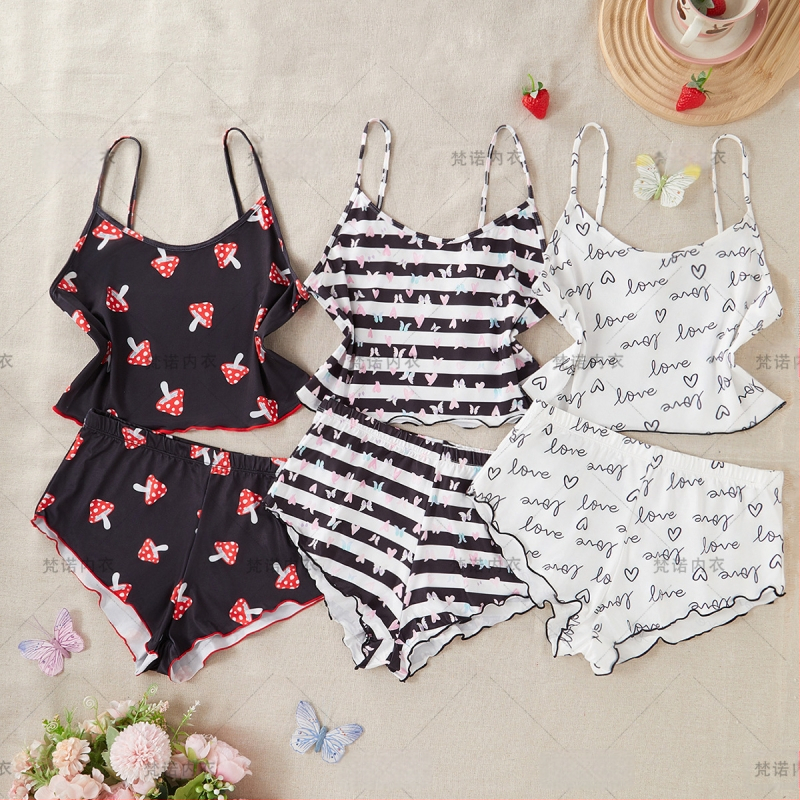 Set de pijamale cu bretele pentru femei - 90-95% poliester, respirabil, fără cusături, confortabil, stil dulce și drăguț