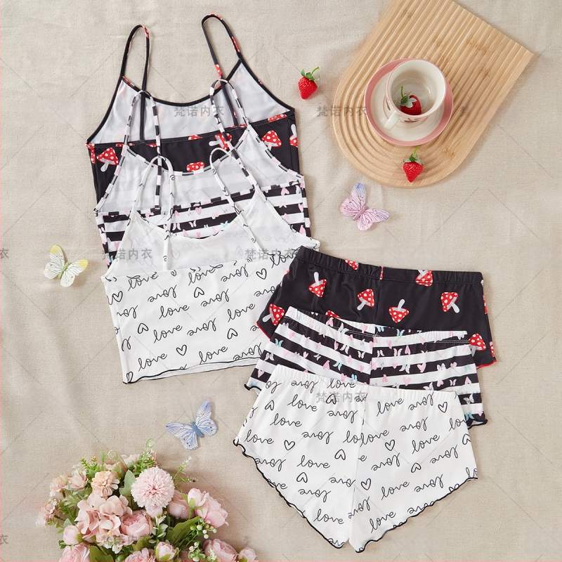 Set de pijamale cu bretele pentru femei - 90-95% poliester, respirabil, fără cusături, confortabil, stil dulce și drăguț