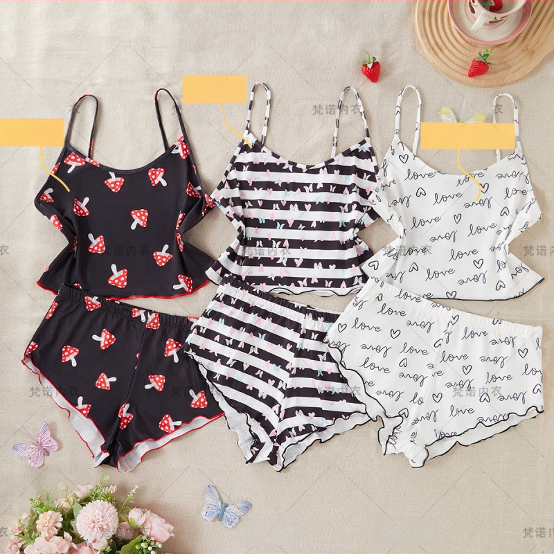 Set de pijamale cu bretele pentru femei - 90-95% poliester, respirabil, fără cusături, confortabil, stil dulce și drăguț