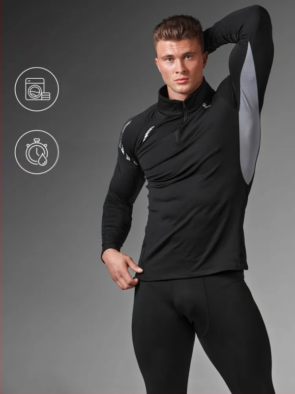 Ανδρικό θερμικό τοπ με επένδυση Milk Silk, σταθερή γιακά, μακριά μανίκια, πολυεστέρας με 10% σπάντεξ