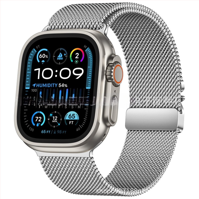 Metalinė Milanėzės juosta Apple Watch Ultra 2 su magnetiniu užsegimu ir parašiutinės sagties
