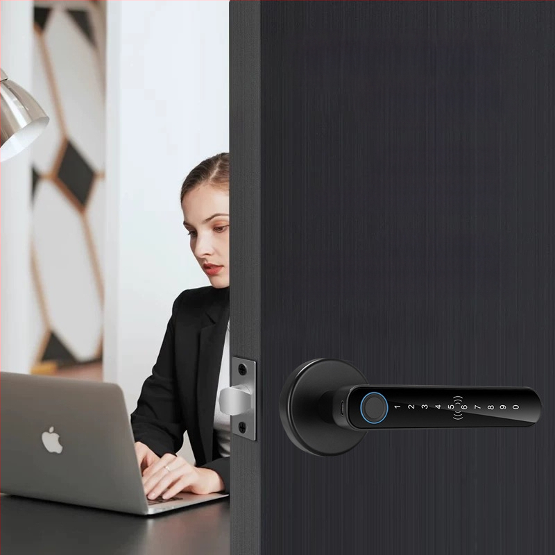Έξυπνο κλείδωμα πόρτας εσωτερικών θυρών SS-DZL με βιομετρικό αποτύπωμα, κωδικό πρόσβασης και κλειδί; αποθήκευση 100 αποτυπωμάτων, >100000 κύκλοι ξεκλειδώματος, σάρωση <0,5 s, τροφοδοσία DC, εύρος λειτουργίας -10°C έως 60°C