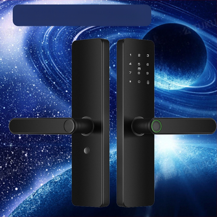 Viedā durvju slēdzene iekšējām koka durvīm ar pirksta nospiedumu, plaukstas nospiedumu, paroli, sejas atpazīšanu un attālinātu atslēgu; panelis no alumīnija sakausējuma