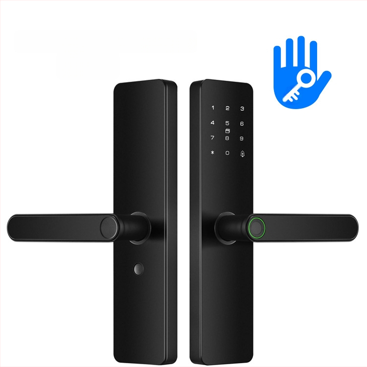 Viedā durvju slēdzene iekšējām koka durvīm ar pirksta nospiedumu, plaukstas nospiedumu, paroli, sejas atpazīšanu un attālinātu atslēgu; panelis no alumīnija sakausējuma