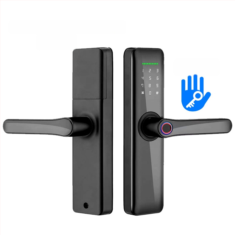 Viedā durvju slēdzene iekšējām koka durvīm ar pirksta nospiedumu, plaukstas nospiedumu, paroli, sejas atpazīšanu un attālinātu atslēgu; panelis no alumīnija sakausējuma