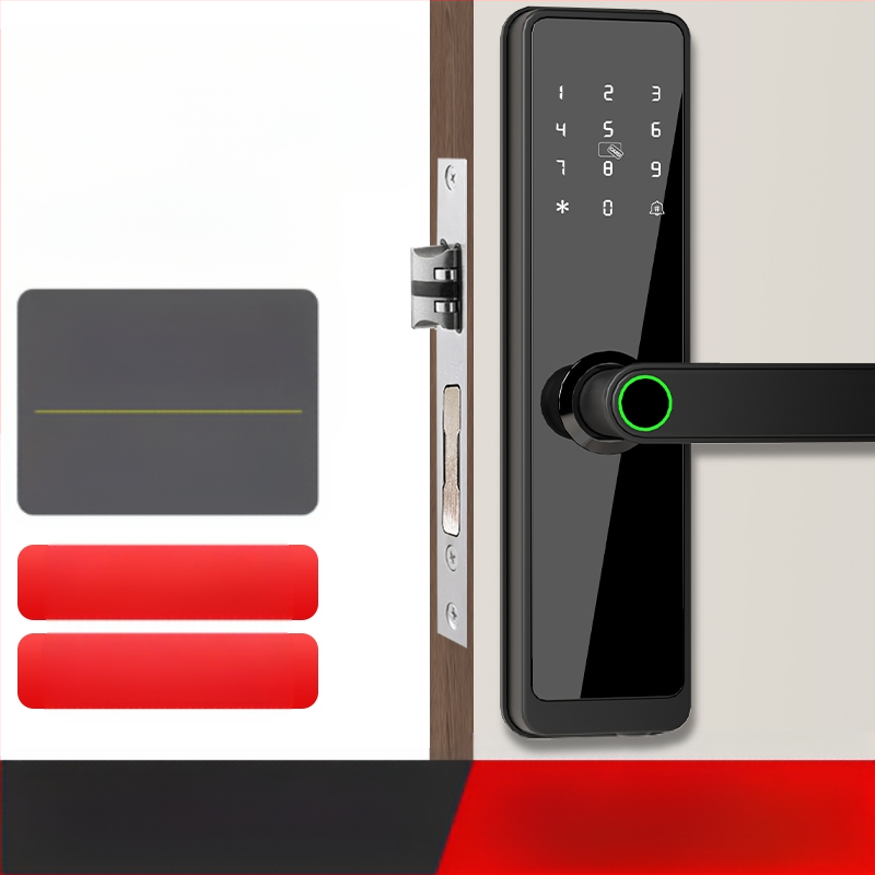 Viedā durvju slēdzene iekšējām koka durvīm ar pirksta nospiedumu, plaukstas nospiedumu, paroli, sejas atpazīšanu un attālinātu atslēgu; panelis no alumīnija sakausējuma