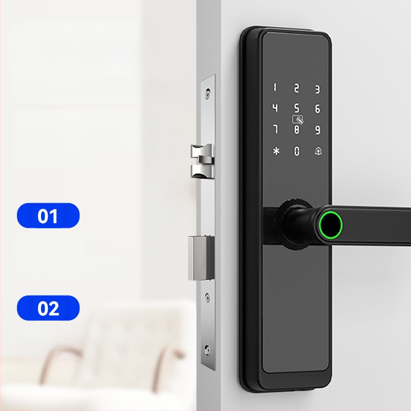 Viedā durvju slēdzene iekšējām koka durvīm ar pirksta nospiedumu, plaukstas nospiedumu, paroli, sejas atpazīšanu un attālinātu atslēgu; panelis no alumīnija sakausējuma