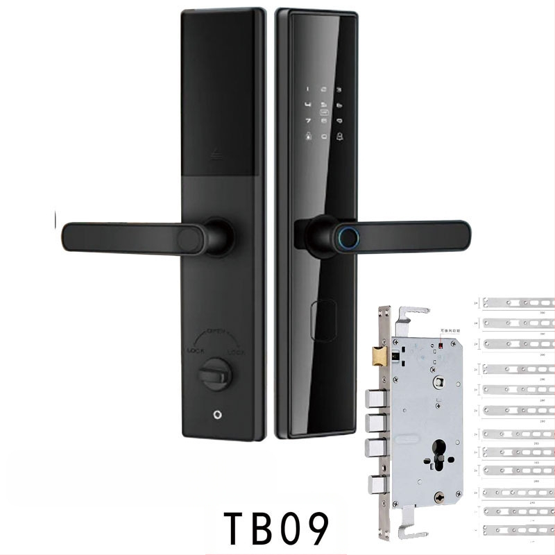 Viedā durvju slēdzene iekšējām koka durvīm ar pirksta nospiedumu, plaukstas nospiedumu, paroli, sejas atpazīšanu un attālinātu atslēgu; panelis no alumīnija sakausējuma